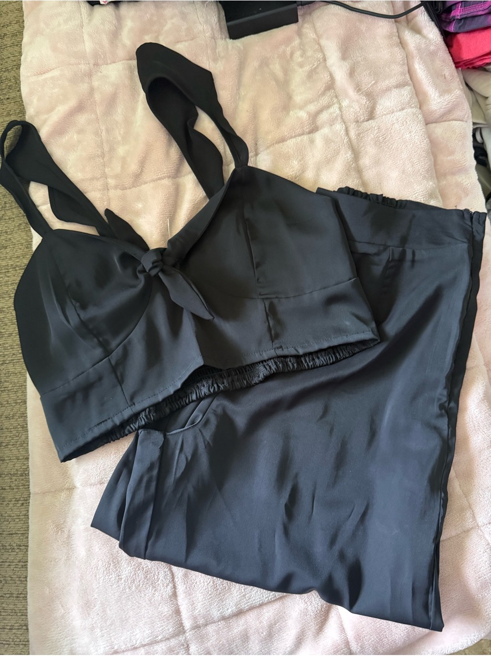Women's Black Satin Two-Piece Pajama Set with Tie-Front Top